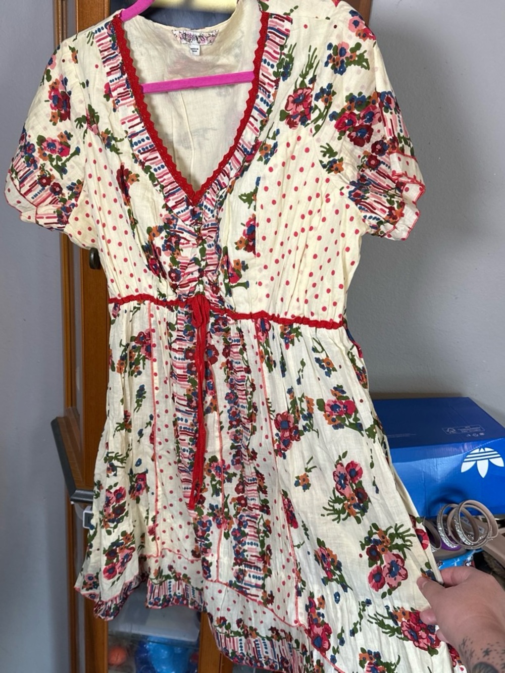 Joe Browns Cream Dress with Red Floral & Trim